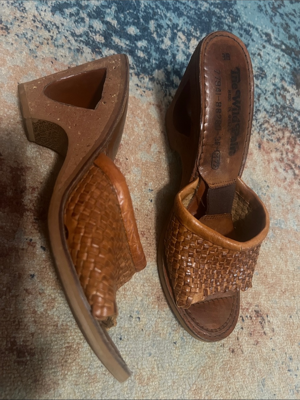 Vintage Brazil-made The Wild Pair 9B Woven Leather & Cork Mule Slides